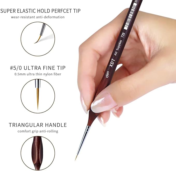 XDT#729 Micro Detail Paint Brush Artist Pin Point Painting Brushes 5 Piece #00000 Set，Acrylic Watercolor Oil, Fine Detailing Painting, Art, Scale Models, Easy Grip Triangular Handles