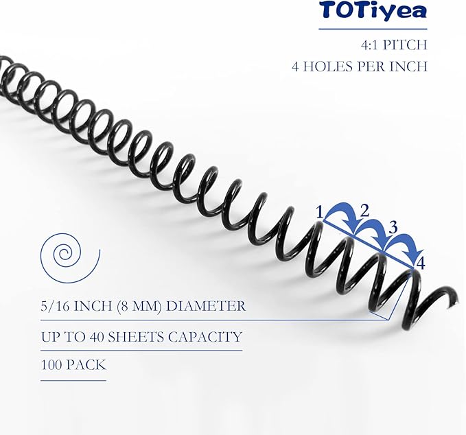 TOTiyea 100 Pack Plastic Spiral Binding Coils,8mm(5/16") Binding Spirals,40 Sheet Capacity,4:1 Pitch, Black