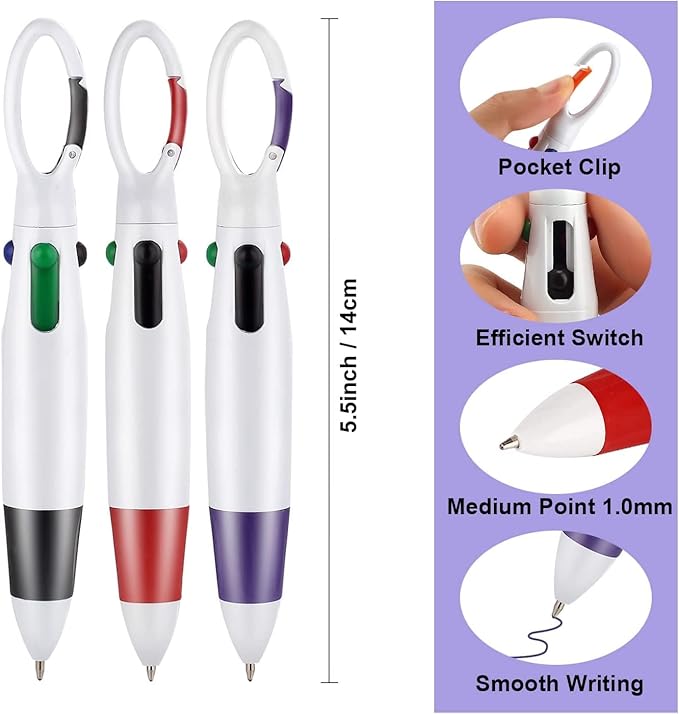Retractable Shuttle Pens, 4 Count 4-in-1 Multicolor Ballpoint Pens 1.0mm Retractable Pens with Carabiner Clip Ballpoint Gift Pens for Office School Supplies Students Adults Kids Nurses