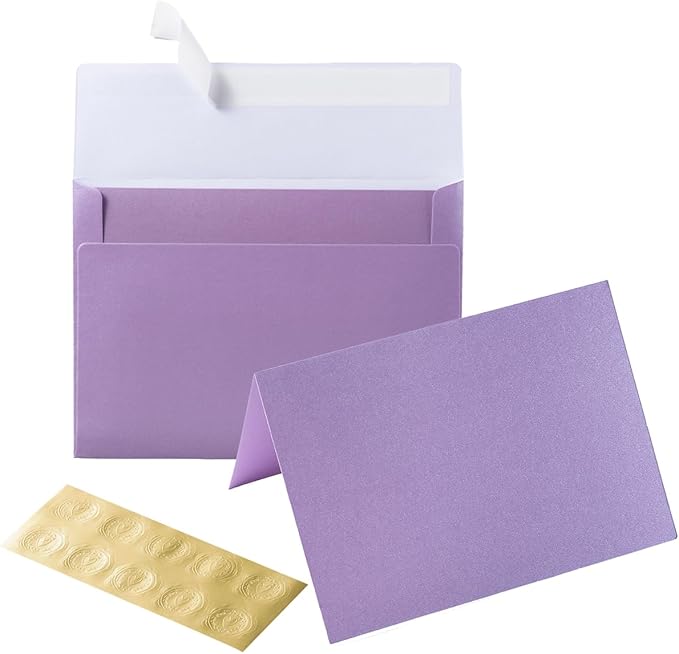 Wishop 50 Pack Shiny Self-Adhesive Envelopes with Shiny Fold Cards for Wedding Invitations, Greeting Cards, Baby Shower, Letter Mailing (Light Purple, 5x7)