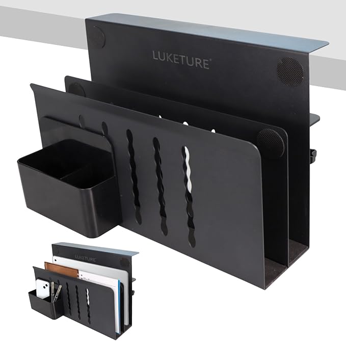 LUKETURE Desk Side Storage, 2 Tier Steel Hanging Organizer, No Drill Side Desk Organizer, Laptop Holder, with Pen Holder, Hanging Table Storage for Office and Home