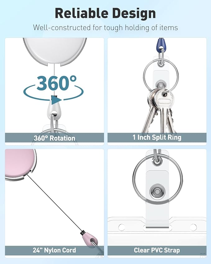 Uniclife 5 Pack Retractable Badge Reel for Badge Holder Heavy Duty Retractable Keychain Strong Colorful ABS Casing with Stainless Steel Spring Coil 24 Inch Nylon Rope Carabiner and Key Ring, 5 Colors