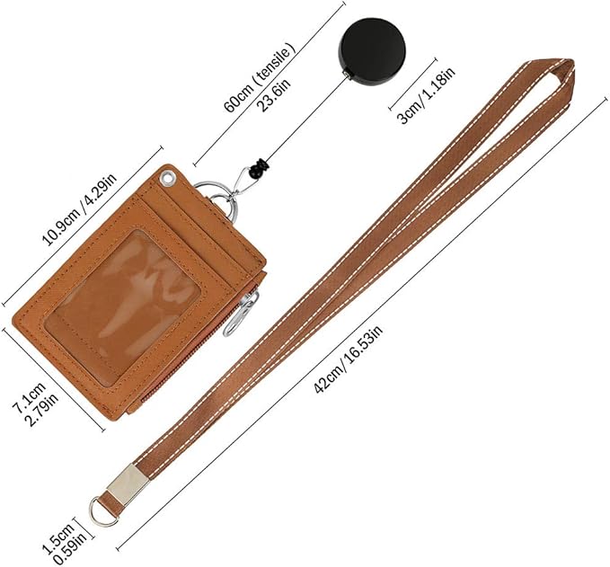 Cute ID Badge Holder Retractable Lanyard Reel Clip with Heavy Duty Carabiner, 5 Card Slots in 2 Sided with Key Ring and Zipper for Students Teens Boys Girls Office Staff Women (Brown)