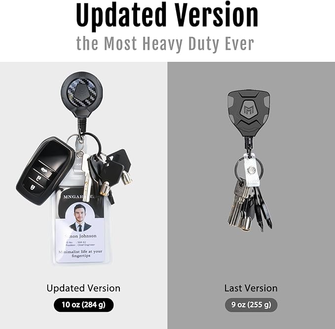 MNGARISTA Upgraded Heavy Duty Retractable Keychain with Belt Clip, 10 OZ Retraction, 31.5" Stainless Steel Cord, 3K Carbon Fiber ID Badge Reel with Badge Strap and Key Ring