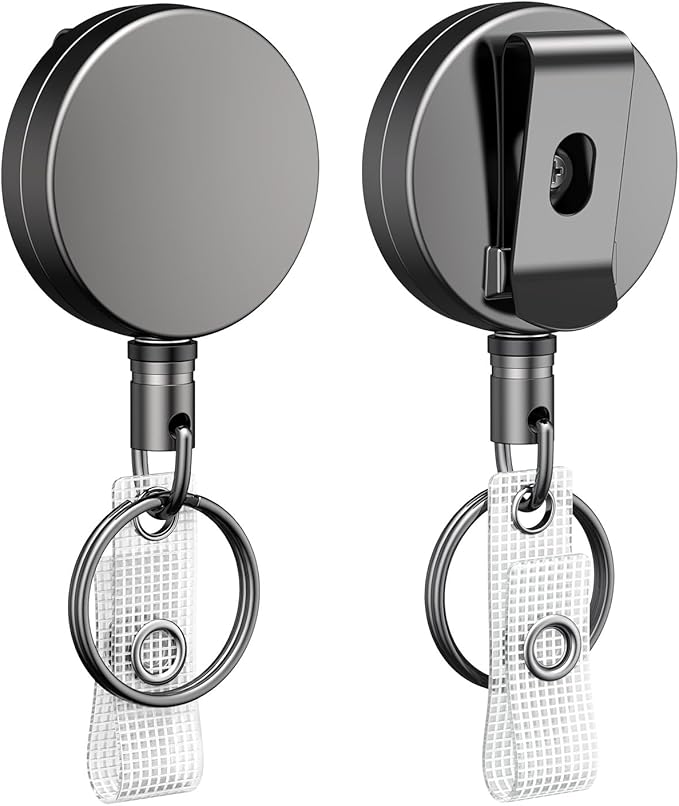 Uniclife 2 Pack Metal Retractable Keychain Heavy Duty Retractable Badge Reel for Badge Holder All Metal Casing with Stainless Steel Spring Coil 27.5 Inch Nylon Rope Belt Clip and Key Ring