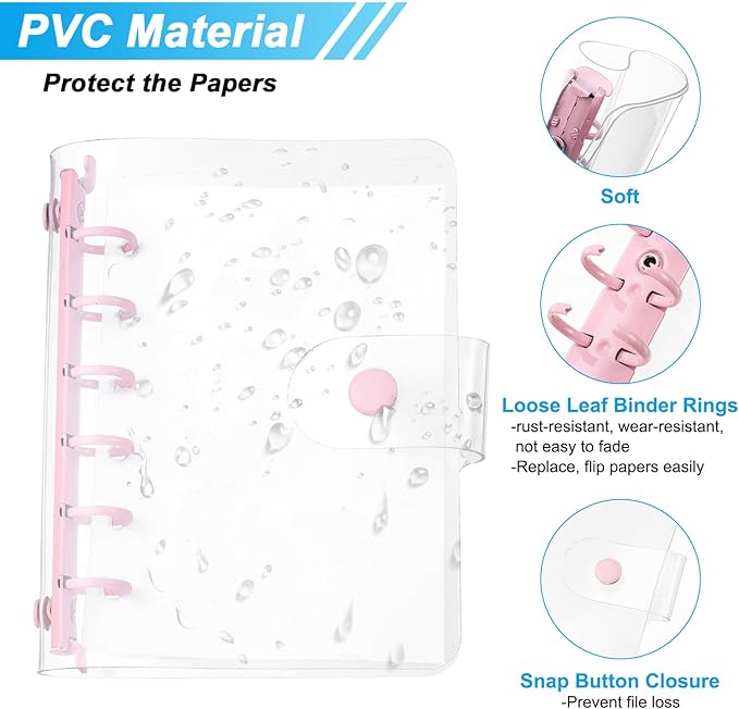 PATIKIL A7 Clear Binder Cover, Soft PVC Loose Leaf Binder Protector Refillable Notebook Shell with Snap Button Closure and 6 Rings for DIY Meeting Notebook Folder, Pink