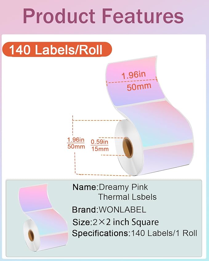 2inch Square Thermal Labels Self-Adhesive, 140 Sheets/Roll Printer Labels for Business and Home, Thermal Sticker for/Shipping/Packaging/DIY Logo Design/Thanks Card/Inventory