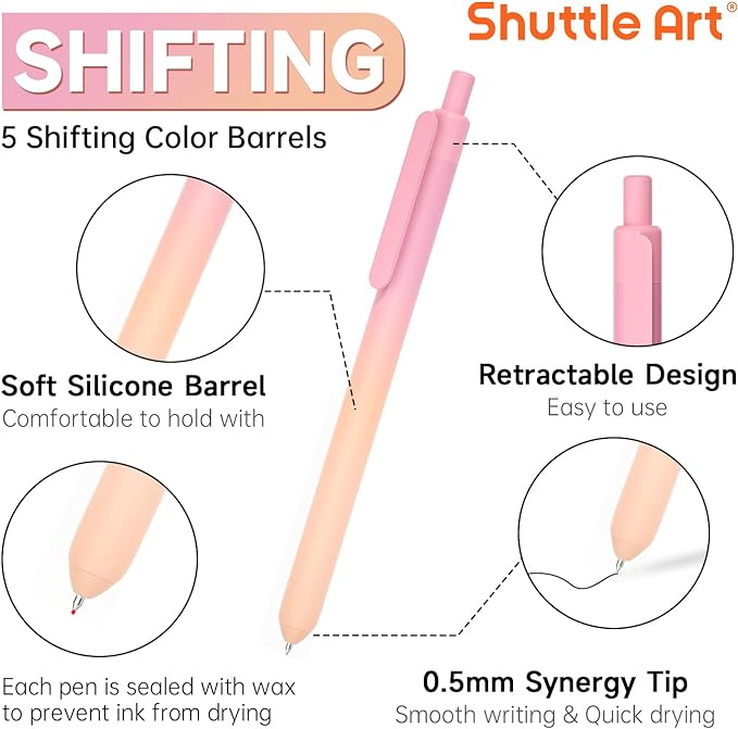 Shuttle Art Retractable Pastel Shifting Gel Ink Pens, 15 Pack Black Ink Pens, Cute Pens 0.5mm Fine Point Soft Aesthetic Barrel for Smooth Writing Journaling Taking Notes School Office Home