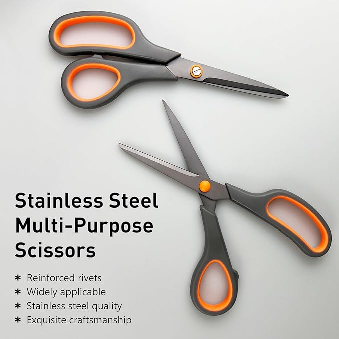 All-Purpose Scissors Bulk 2-Pack - Ultra Sharp 2.5mm Thick Blade Shears with Comfort-Grip Handles for Home and Office, Suitable for Right/Left Handed Use