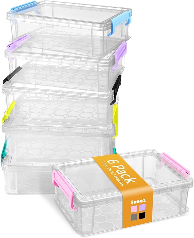 Sooez 6 Pack Extra Large Pencil Box, Plastic Pencil Case Crayon Box Bulk, Clear Marker Organizer Plastic Containers with Lid, Stackable Storage Box for Craft, Pen, Art, School Supply, Multicolor