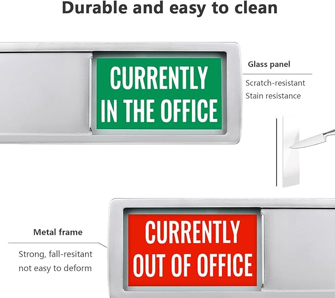 Office Door Sign,Out of the office Sign, Currently in the Office Sign for Door, Non-Scratch Magnetic Slider Door Indicator Sign, 7 x 2 inch Silver Office Decor