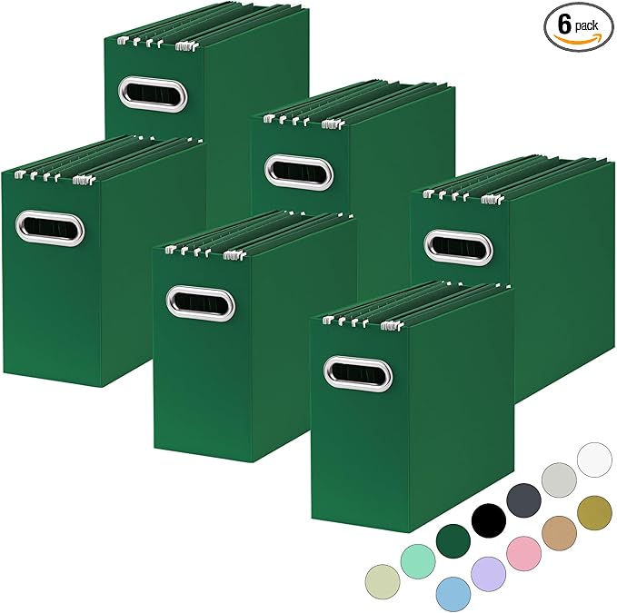 Oterri File Organizer, Small Storage Box, Cardboard File Folder Organizer, Collapsible File Box, Hanging File Organizer for Letter Size, Portable File Box with Handle, Only Box (Dark Green,6 Packs)