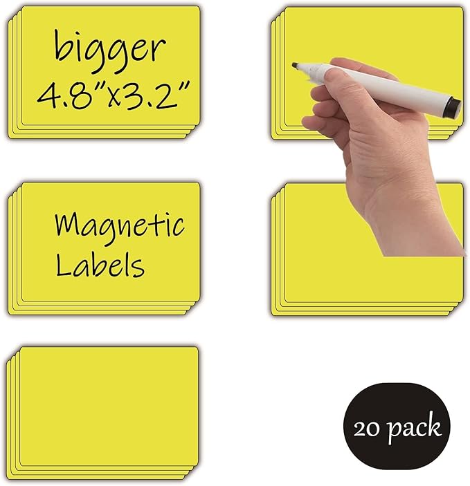 Dry Erase Big Magnetic Labels (4.8x3.2,Pack of 20),Large Write On Magnets Name Tags Sticker,Waterproof/Reusable for Refrigerator&Lockers&Whiteboard&Cabinet(Yellow)