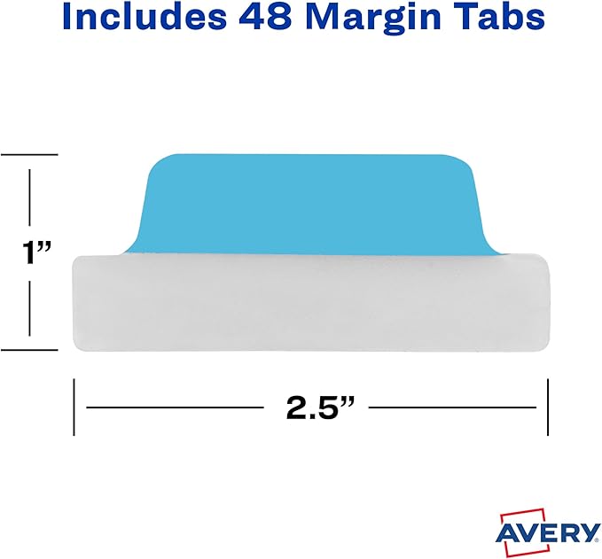 Avery Margin Ultra Tabs, 2.5" x 1", 2-Side Writable, Assorted Colors, 48 Repositionable Page Tabs (74866)