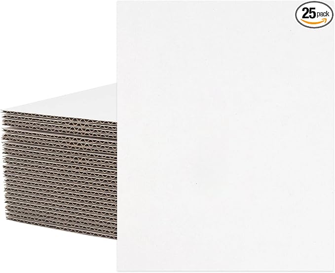 Mat Board Center, 25 pack 8x10 Corrugated Cardboard sheet, 1/8 inch thick, Flat Cardboard Inserts for Mailing, Packaging & Shipping, Cardboard Backing, Craft Card Board (White on one side)