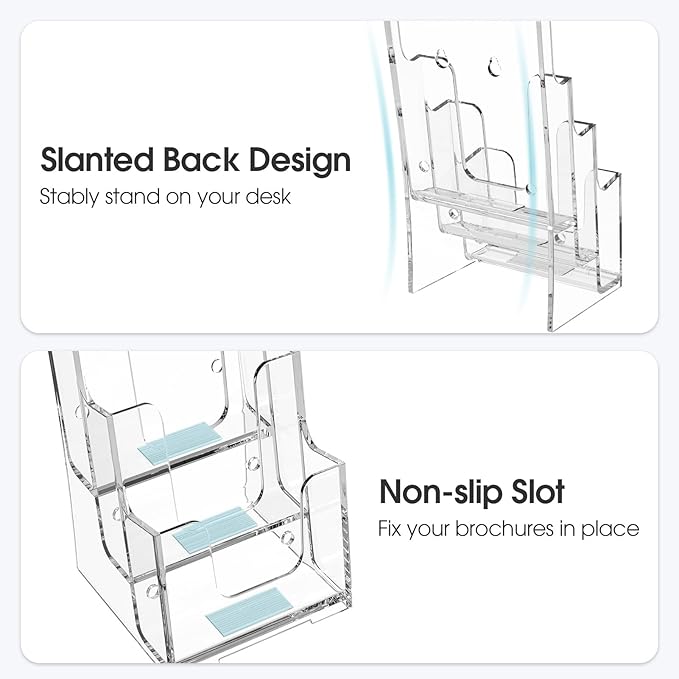 MaxGear Acrylic Brochure Holder, 4-Inch Wide 3 Tier Brochure Display Stand Clear Literature Holder Premium Acrylic Pamphlet Holder Multi Pocket, Wall Mount or Counter Top Use(4 Pack)