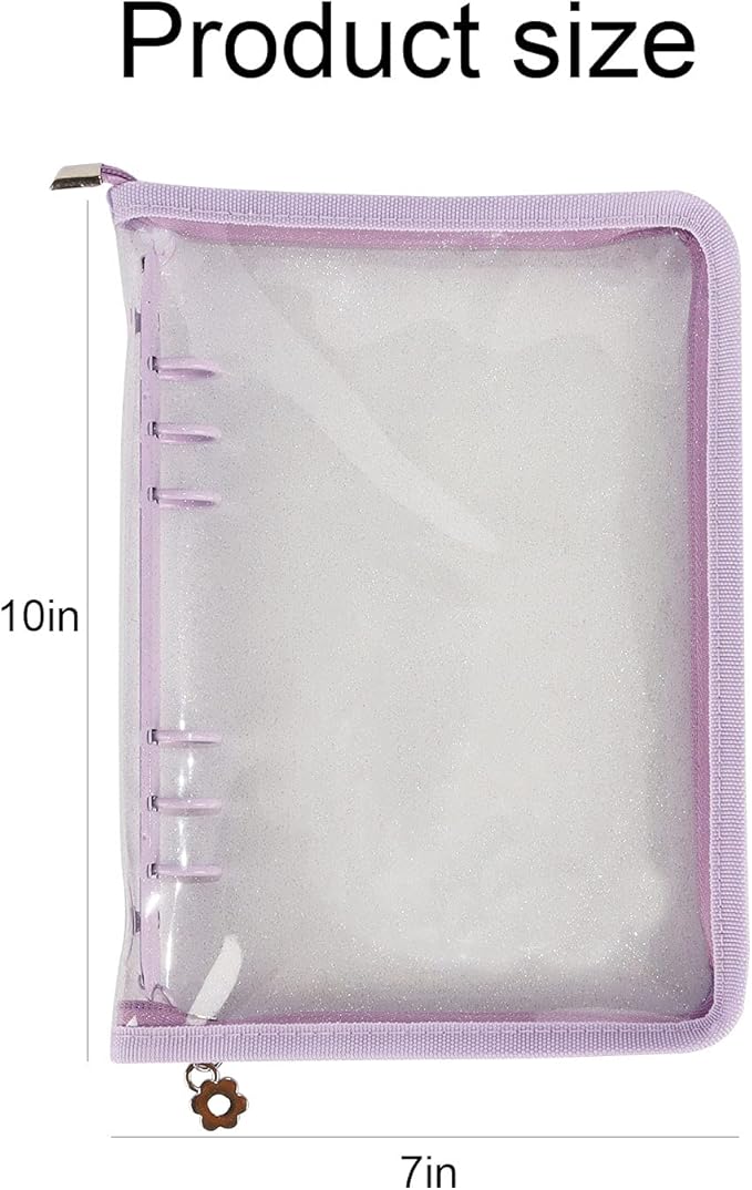 Multibey A5 Binder Cover Clear Soft PVC 6-Ring Binder Budget Cash Evelopes System with Zipper Planner Organizer Refillable Notebook Journal Binder (Purple, A5)