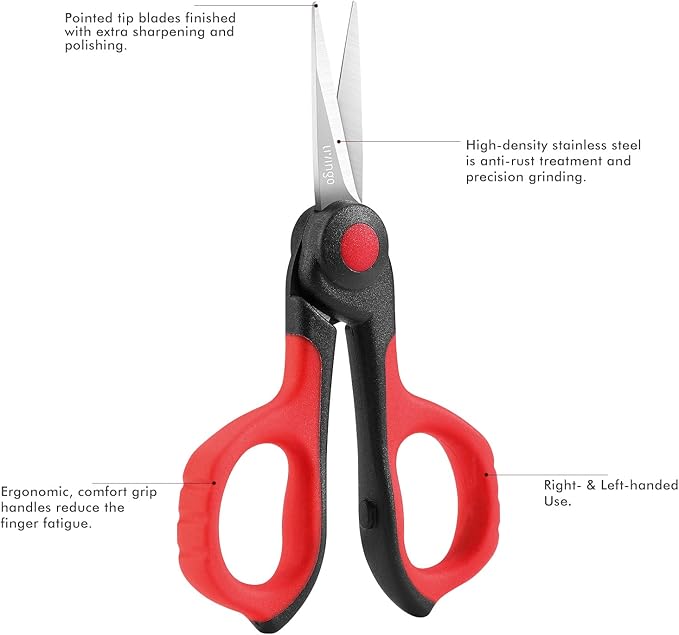 LIVINGO 4.5” Small Sharp Embroidery Scissors, Precise Detail Pointed Tip Stainless Steel Shears for Cutting Fabric, Needlework Thread Yarn Craft Sewing, Scrapbook, Paper, 2 Pack Red/Black
