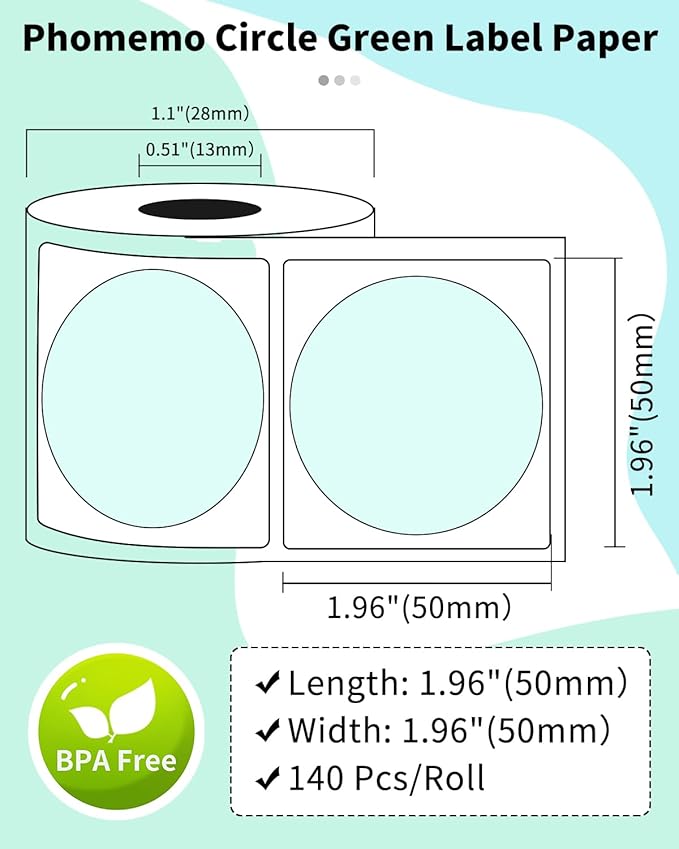 Phomemo Circle Thermal Label Compatible with M110/M100/M120/M150/M200/M220/M250 Label Maker, Sticker Round Thermal Label, 1.96" x 1.96"(50x50 mm), Black on Green