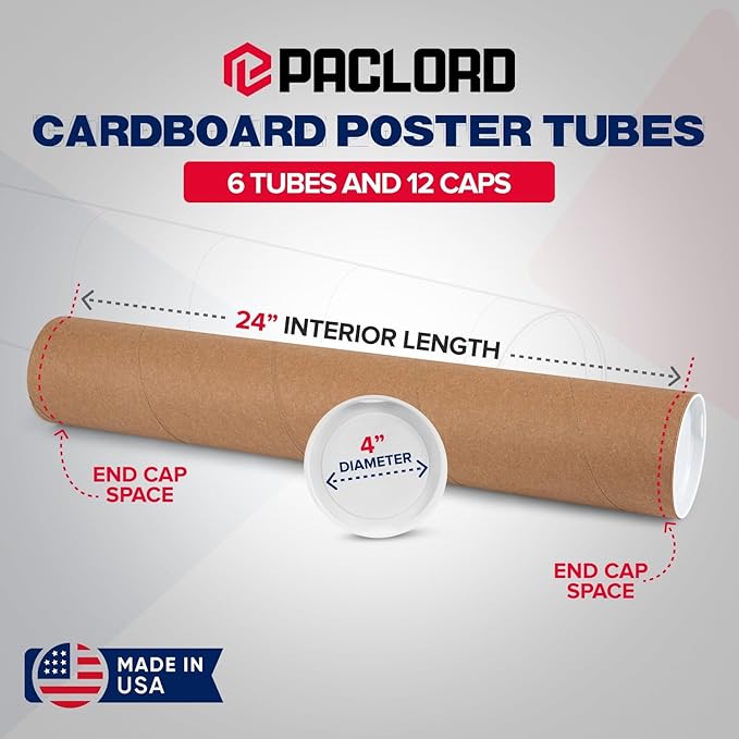 4" x 24" Reinforced Kraft Paper Mailing Tubes, Pack of 6 Tubes with 2 Caps Each – USPS Approved Poster Tube – Made in USA Cardboard Tube for Shipping and Storing Posters, Prints, Artwork, or Documents