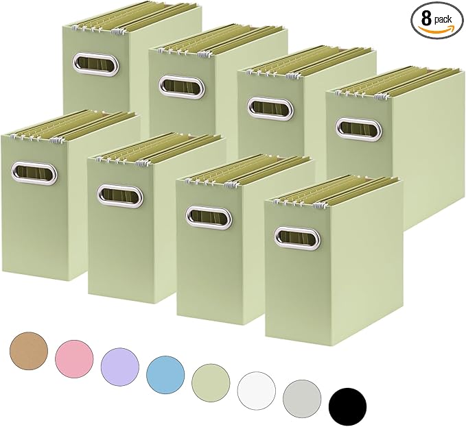 Oterri File Organizer, Small Storage Box, Cardboard File Folder Organizer, Collapsible File Box, Hanging File Organizer for Letter Size, Portable File Box with Handle, Only Box（Green，8 Packs）