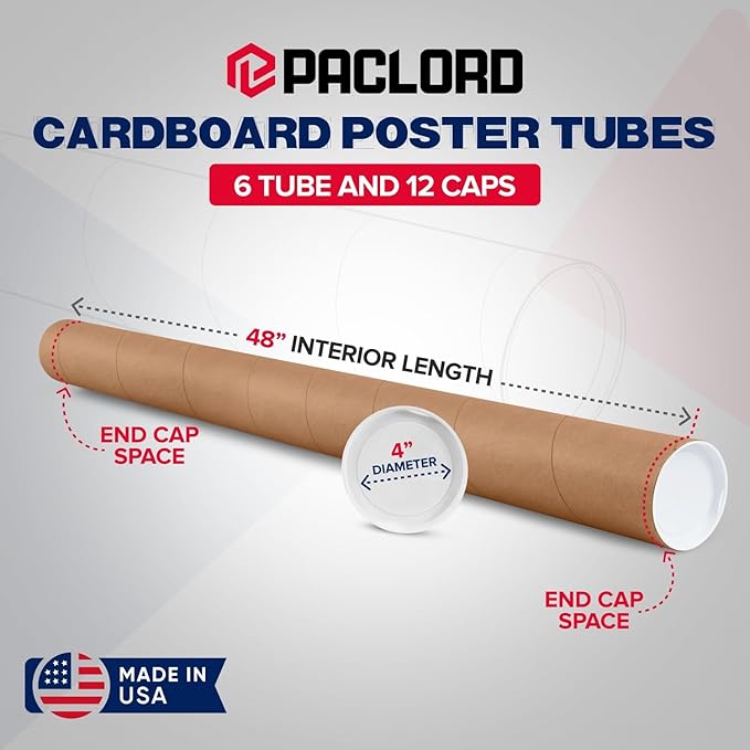 4" x 48" Reinforced Kraft Paper Mailing Tube, Pack of 6 Tube with 2 Caps Each – USPS Approved Poster Tube – Made in USA Cardboard Tube for Shipping and Storing Posters, Prints, Artwork, or Documents