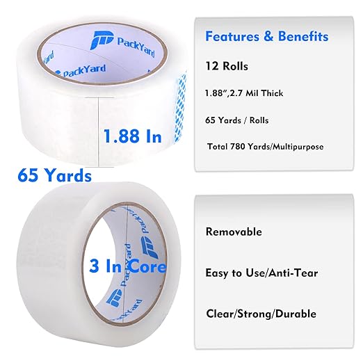 Packing Tape Refill Rolls Heavy Duty 12 Rolls Sealing Great for Packing Box Shipping and Moving Supplies Packaging 1.88" x 65 Yards 3" Core 2.7 Mil Thick