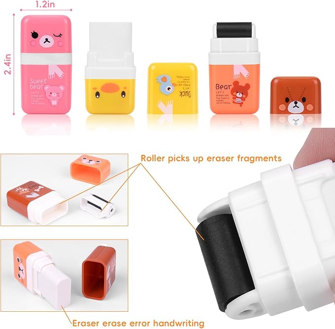 6 Pack of Pencil Erasers, Kids Eraser with Roller and Cover, Fun and Cute Animal Themed Eraser, Great Gift for Kid of Cute School Supplies