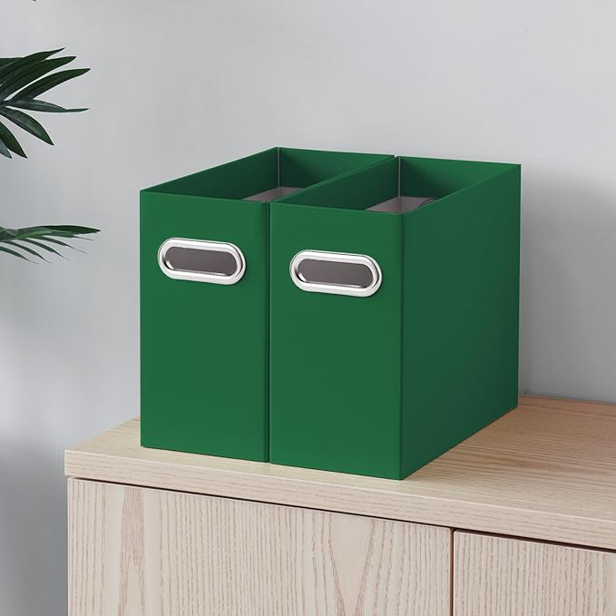 Oterri File Organizer, Small Storage Box, Cardboard File Folder Organizer, Collapsible File Box, Hanging File Organizer for Letter Size, Portable File Box with Handle, Only Box (Dark Green,2 Packs)