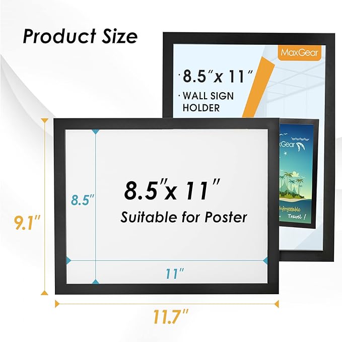 MaxGear Sign Holder 8.5 x 11 Wall Mount, Magnetic Clear Plastic Sign Holders, Self Adhesive Display Picture Frames, Display in Portrait or Landscape Format for Home, Office, Store(Black, 6 Pack)