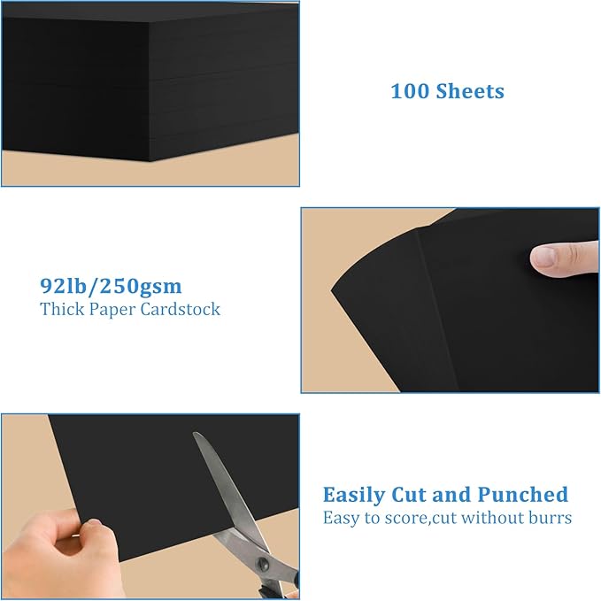 100 Sheets Black Cardstock 12” x 18”, 92lb/250gsm Black Card Stock, Thick Card Stock Paper, Heavy Cardstock Paper for Printer, Resume, Scrapbooks, Art, Crafts, Business Cards