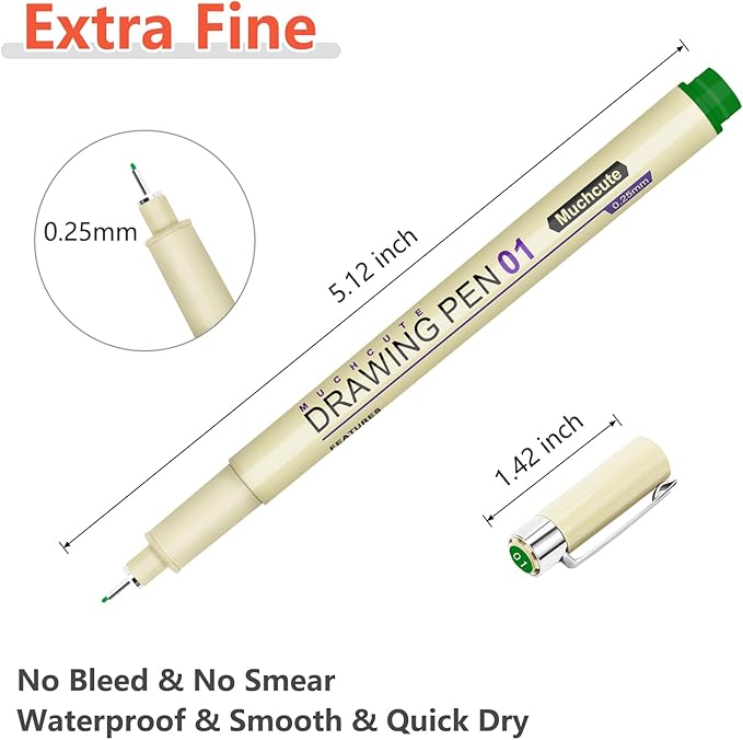 Muchcute 01 Micro Fineliner Drawing Art Pens: 12 Colors 0.25mm Extra Fine Point Bible No Bleed Smooth Journal Zentangle Study Supplies Colored Waterproof Line Ultra Needle Tip Fine liner Thin Gel Felt