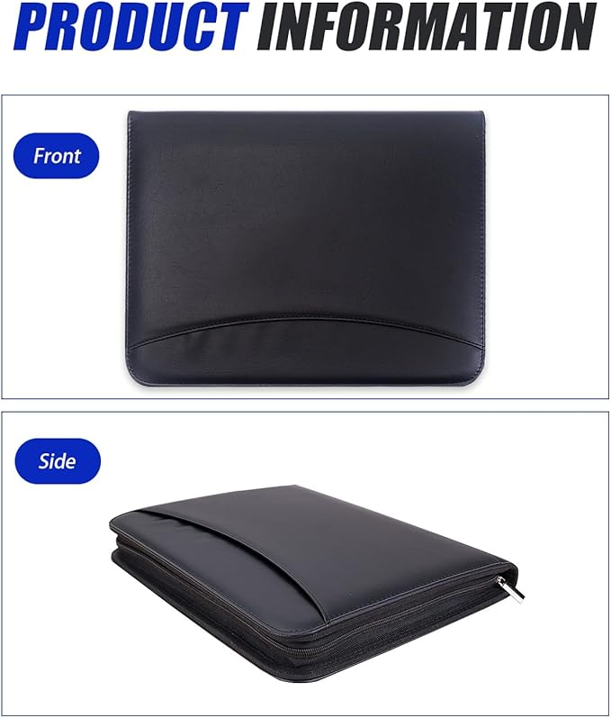 Gwybkq Padfolio Organizer Zippered Portfolio, Leather Binder with Notepad and Gel Pens, Men Women Business Folder for Resume, Document, Pad, Phone and Cards (Black)
