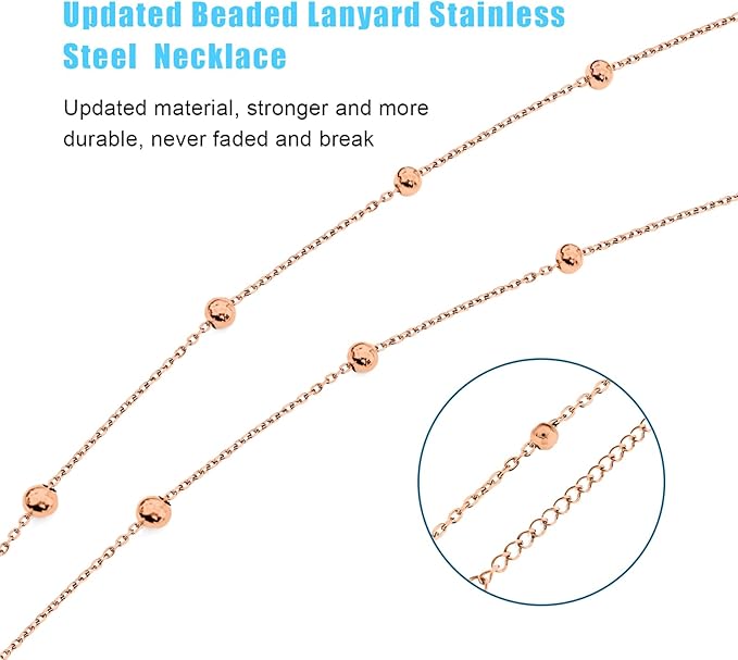 Retractable Badge Reel Lanyard with 2 Pieces ID Holder for Women, Fashion Beaded Chain Premium Stainless Steel Lanyard Necklace Water Resistant Name Badge Holder