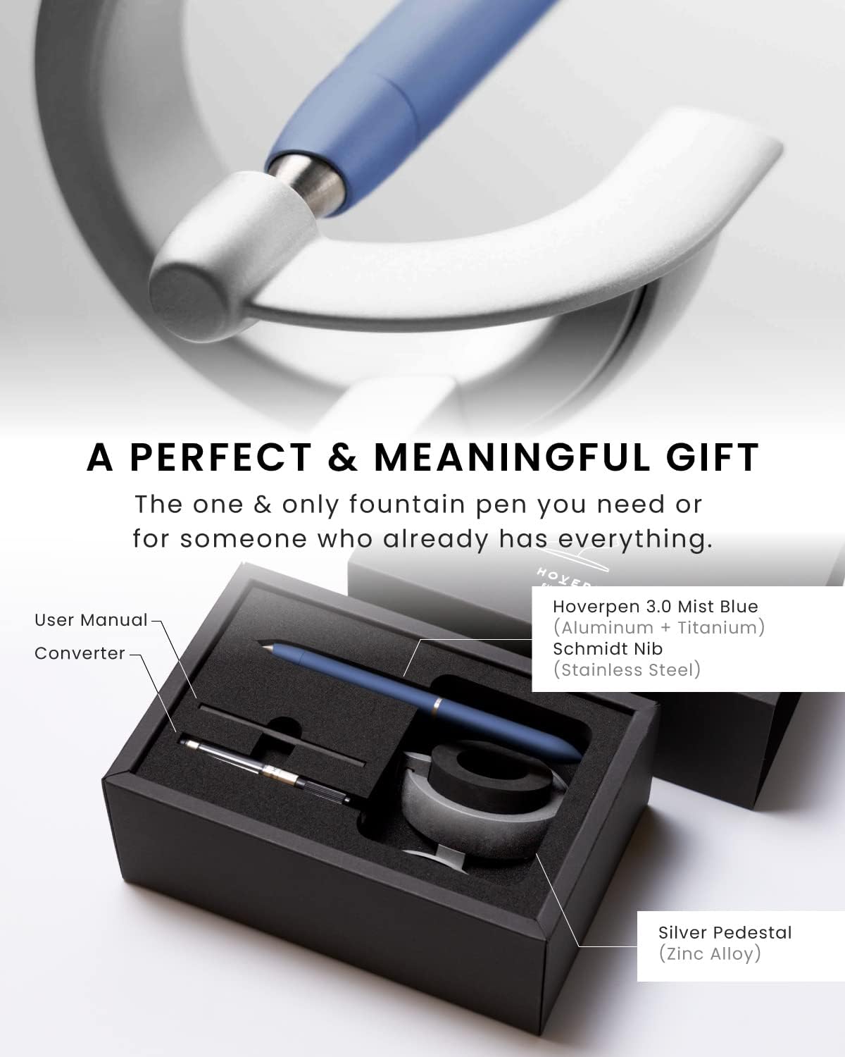novium Hoverpen Future Edition - Luxury Metal Fountain Pen With Fine Nib, Aerospace Metal Made, Futuristic Aesthetic Desk, Free Spinning Executive, Signing Pen (Mist Blue)