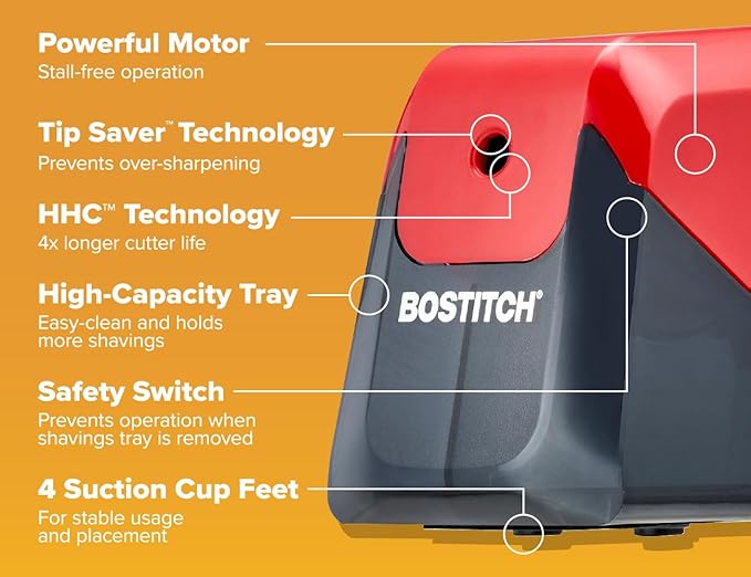 Bostitch Office Battery Pencil Sharpener, 4X Longer Cutter Life, Tip Saver Technology, Red