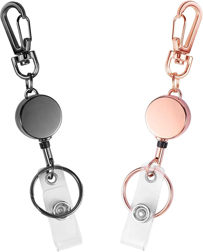 Badge Holder Retractable Clip, Metal Badge Reel Retractable Keychain Carabiner Badge Clip ID Badge Holders with Retractable Cord, 2 Pack (Black,Rose Gold)