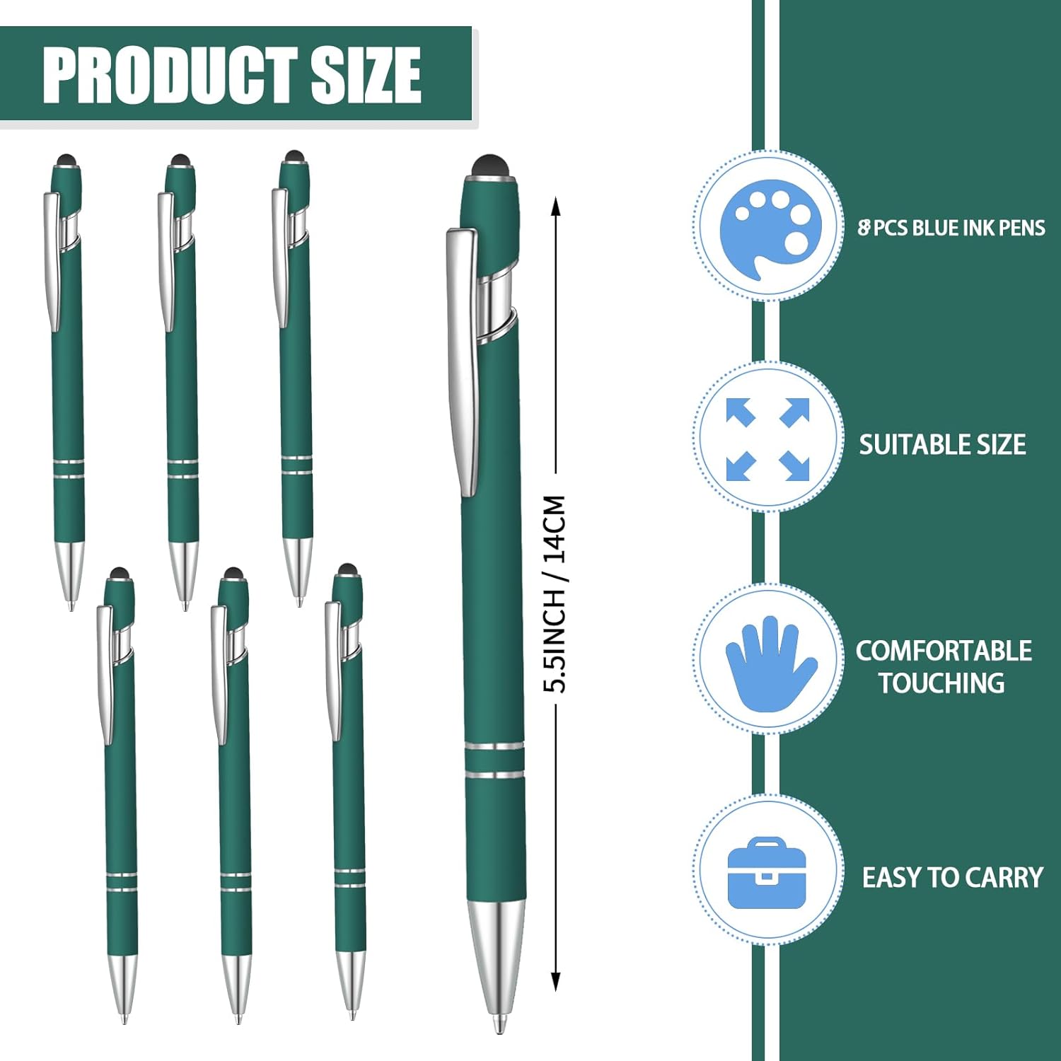 8 Pcs Blue Ink Ballpoint Pen with Stylus Tip 2 in 1 Stylus Ballpoint Pen Metal Pens Stylus Pen for Touch Screens School Office Coworkers (Dark Green)
