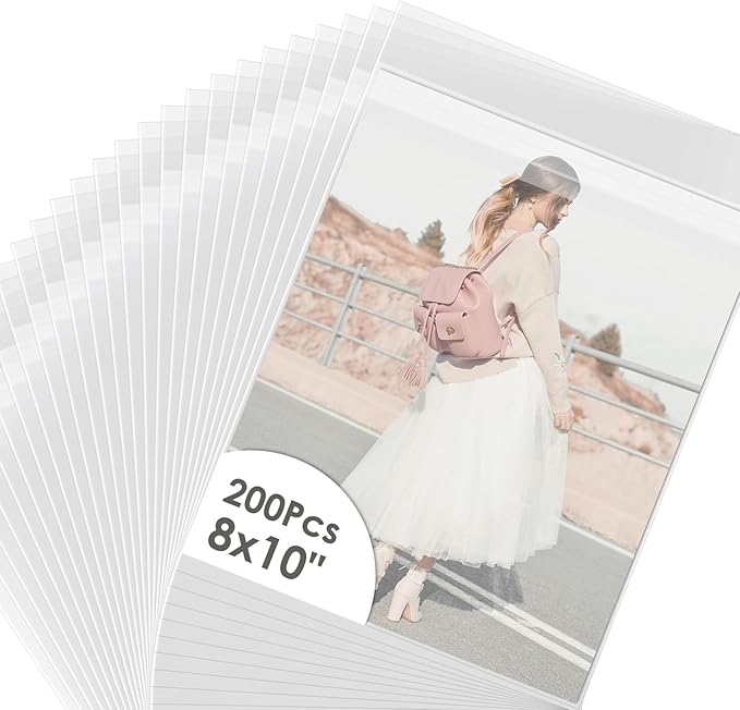 AUEAR, 200 Pack (8-3/8"x 10-1/8") Crystal Clear Resealable Sleeves Bags - Self Sealing Plastic Bags for 8x10 Photo Mats, Prints, Photos, Artwork