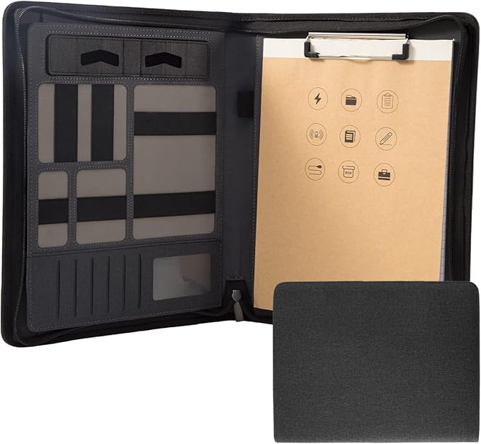 Padfolio Portfolio with Zipper and Clipboard - Leather Business Portfolio Organizer – Zippered Portfolio Padfolio for Women & Men (Non Battery, Black)