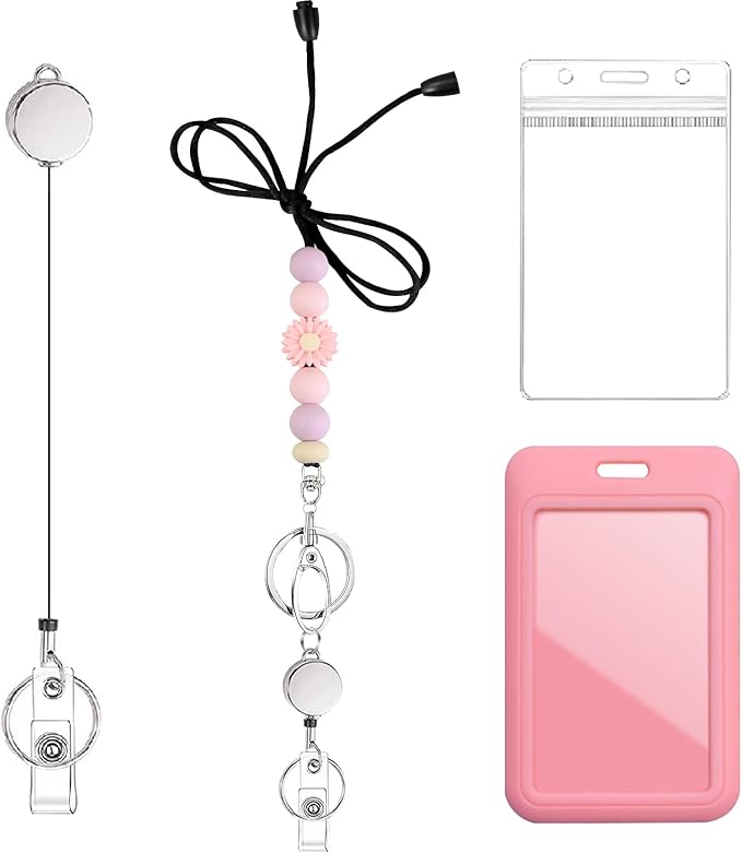 Colorful ID Badge Holder with Silicone Beads Lanyard Set,Cute Teacher Breakaway Lanyard for Keys & Keychain with Cute Retractable Badge Reel Holder,Gift for Women,Nurse, Teacher. (Pink Daisy 1)