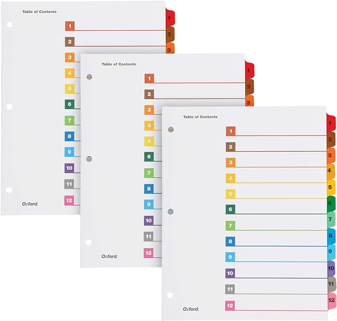 Oxford OneStep Binder Dividers, 12 Tab Numeric Divider Sets, Customizable Table of Contents, Works with 3 Ring Binder, Durable Plastic, Reversible Multicolor Tabs, Numbered 1–12, 3 Sets (89403)