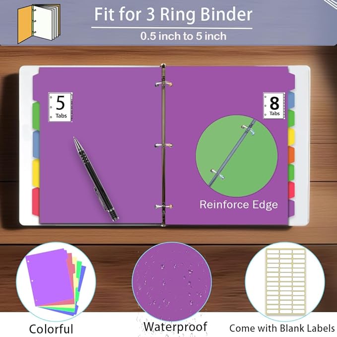 16Pcs/2 Sets Binder Dividers for 3 Ring Binder,8 Tab Binder Plastic Page dividers with Tab,8TAB Set,Multicolor