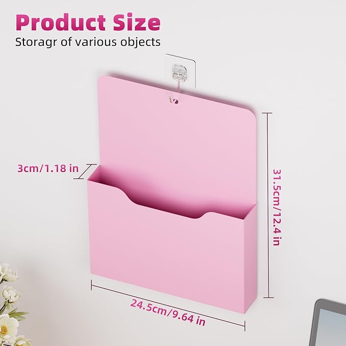2 Pack Magnetic File Holder - Paper Holder, Pocket Organizer,Hanging Wall File Organizer Office Supplies Storage, Magazine Mail Organizer Case for Notebooks,Planners,Letter (Pink)