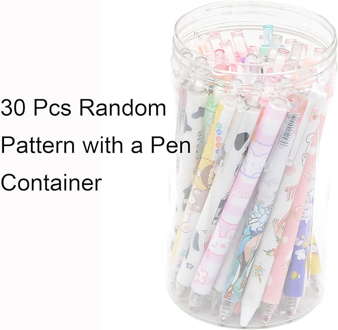 YIKANGHENG 30 Pcs Fine Point Cute Pens With a Pen Holder, 0.5mm 30 Different Random Styles Black Ink Kawaii Gel Pens for Office, Study, Gift and Home Supplies (30)