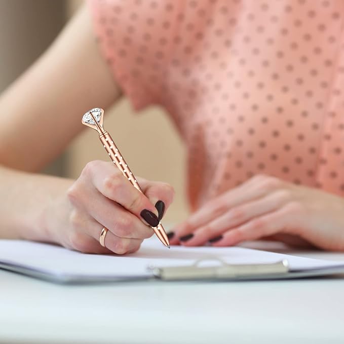 PASISIBICK 16 Pcs Rose gold Diamond Pens with Polka Dots - Bling Wedding Gifts for Women Bridesmaid Coworkers Metal Ballpoint Pens with Black Ink (Rose Gold with White Polka Dots)