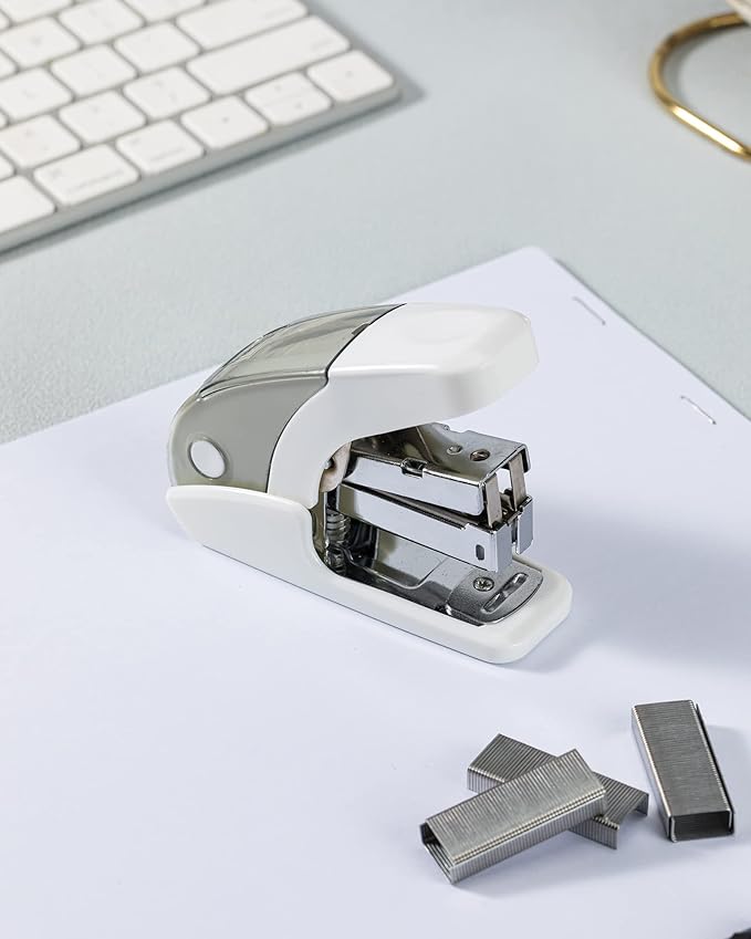 PAPERPAL Effortless Mini Stapler Set, 20 Sheet Capacity, Integrated Remover & Staple Storage, Holds 1/4" Staples, Includes 1000 Staples, Lightweight, Office, School & Daily Use, White