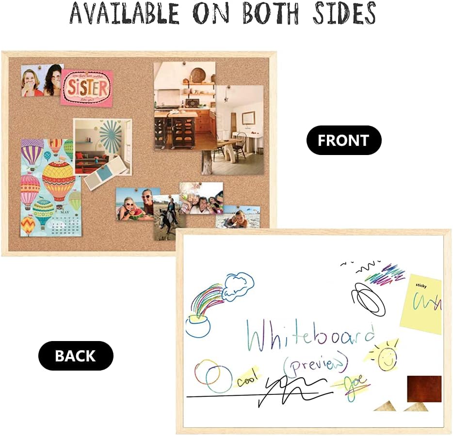 20” x 28” Cork Boards for Walls with Wooden Frame 1pack, Whiteboard and Cork Board Combo Double Sided Office Board for Wall Organizer, Bulletins Board Hanging Pin Board for School Home Office