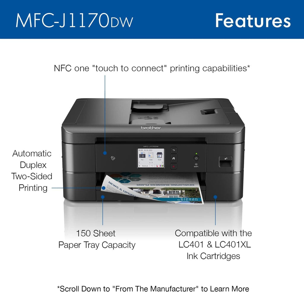 Brother MFC-J1170DW Wireless Color Inkjet All-in-One Printer, NFC One-Touch Print, Duplex, Cloud Print & Scan, Mobile App Control, 2.7" Touchscreen, Works with Alexa