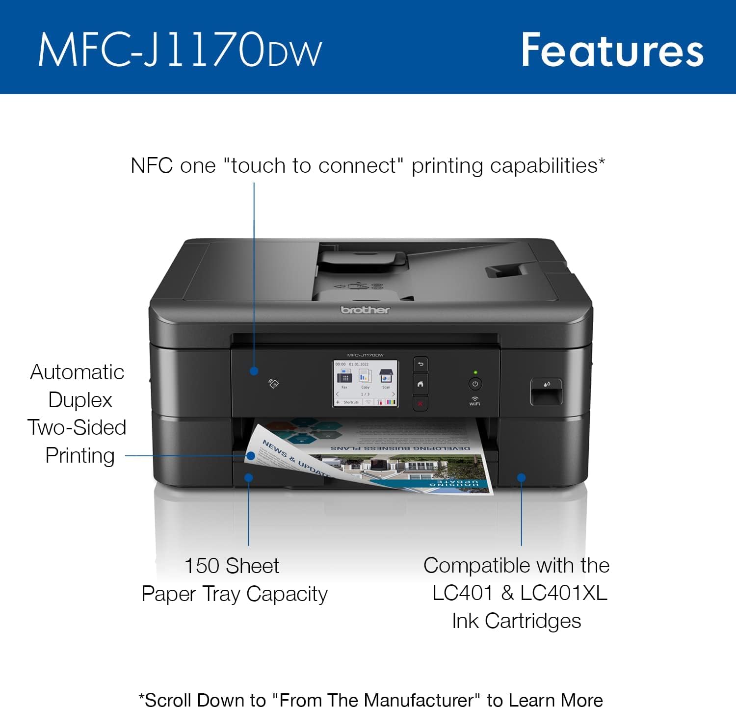 Brother MFC-J1170DW Wireless Color Inkjet All-in-One Printer, NFC One-Touch Print, Duplex, Cloud Print & Scan, Mobile App Control, 2.7" Touchscreen, Works with Alexa